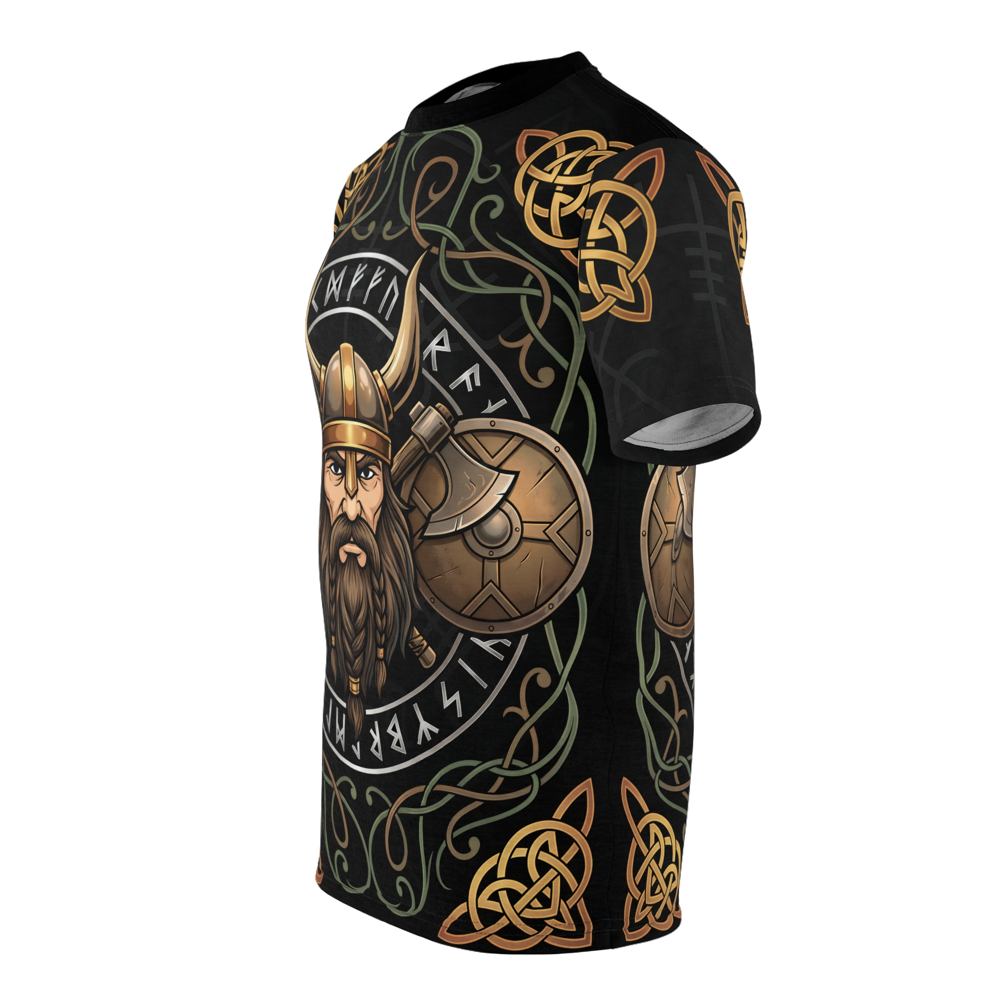 Viking warriors, axes, and ornate Celtic knots flow across every inch of this garment in a continuous all-over print design that wraps around the entire torso.