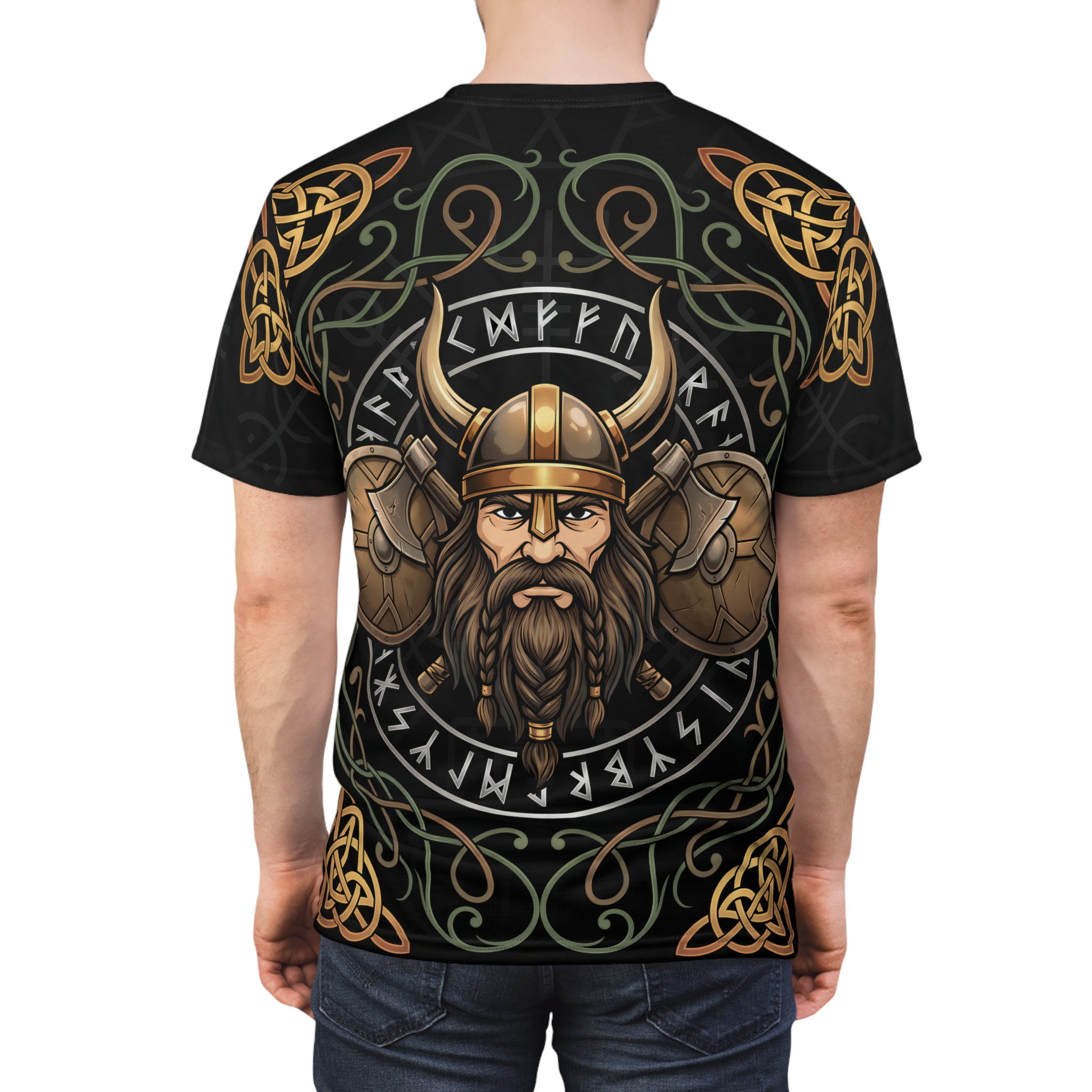 Viking warrior helmet graphics paired with intricate Celtic knots wrap around the entire garment using an all-over print to cover every inch of the fabric.