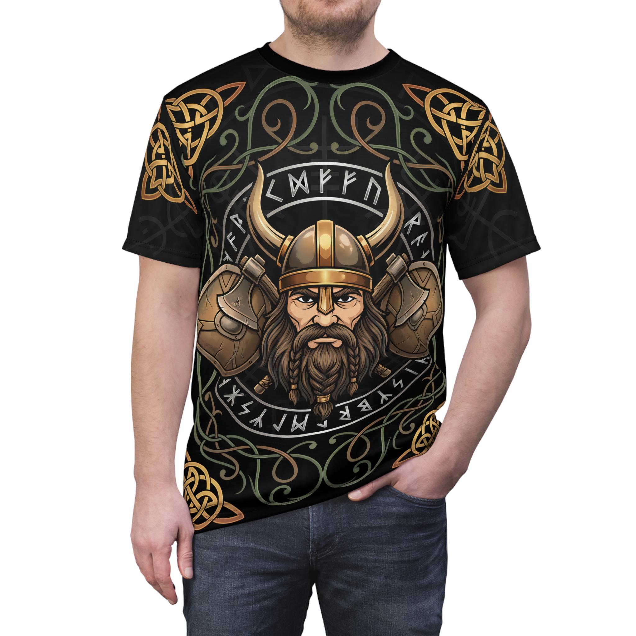 Viking warrior helmet graphics and Celtic knotwork flow across the entire garment surface with a vibrant 360-degree graphic that wraps from front to back.