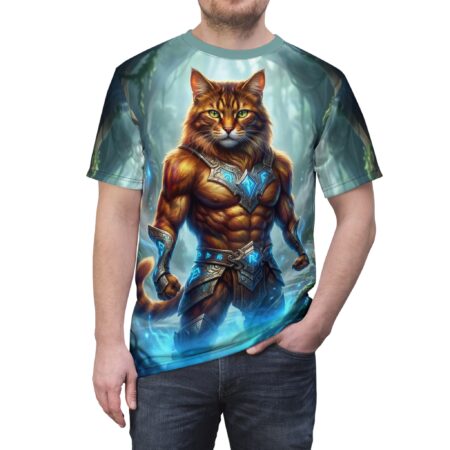 Warrior Cat Fantasy Tee — Muscular Cat God All-Over Print Shirt