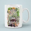 White ceramic mug with floral design and text 