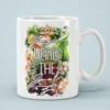 White ceramic coffee mug with a vibrant floral design and the text 
