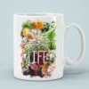 White ceramic coffee mug with a vibrant floral design and 
