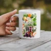 White ceramic mug with a vibrant floral design and 