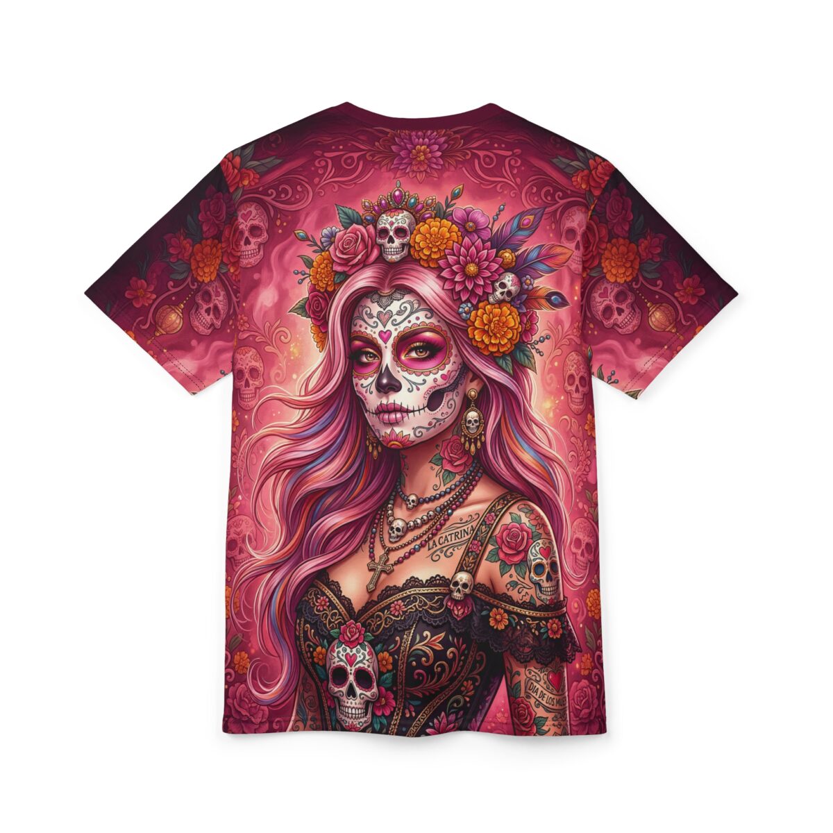 Day of the Dead Sugar Skull Graphic Tee - Floral La Catrina All Over Print T-Shirt - Image 3