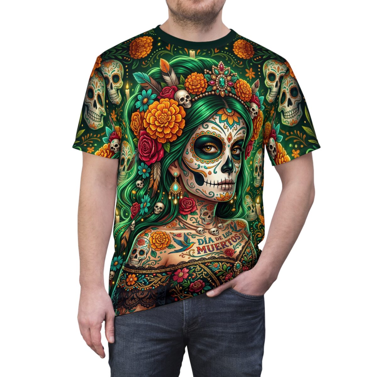 Día de los Muertos Sugar Skull Graphic Tee - Wrap Around All Over Print T-Shirt
