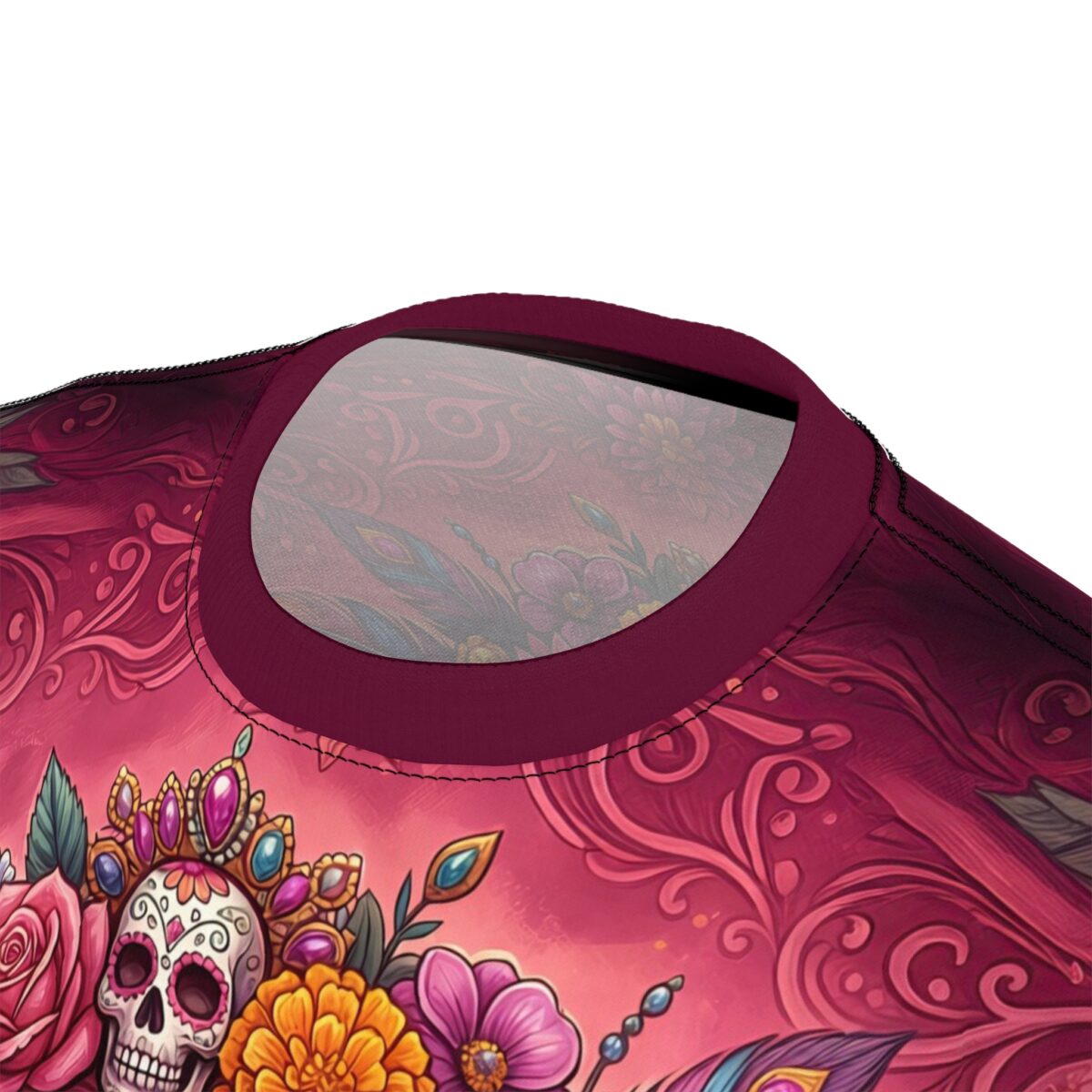 Day of the Dead Sugar Skull Graphic Tee - Floral La Catrina All Over Print T-Shirt - Image 5