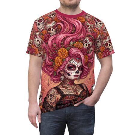Day of the Dead Sugar Skull Graphic Tee — Pink Floral La Catrina All Over Print T-Shirt