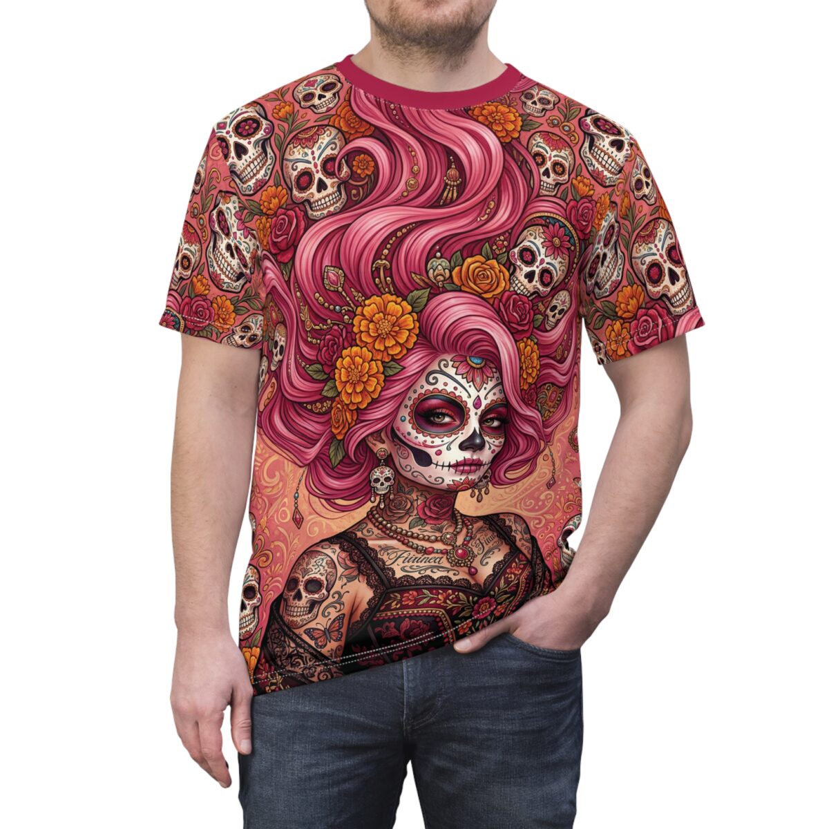 Day of the Dead Sugar Skull Graphic Tee — Pink Floral La Catrina All Over Print T-Shirt