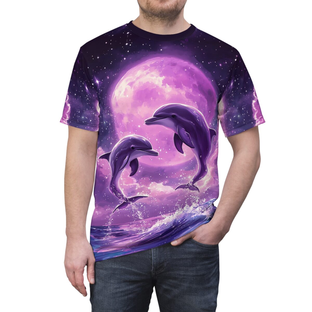 Purple Moon Dolphin T‑Shirt - Cosmic Ocean Graphic Tee