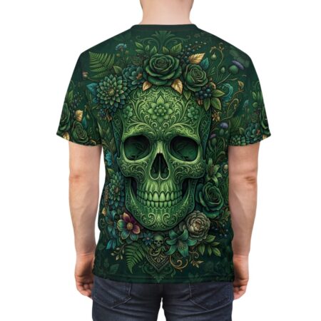 Alternative view of Green Floral Sugar Skull Tee — All-Over Print Gothic Skull Graphic Shirt