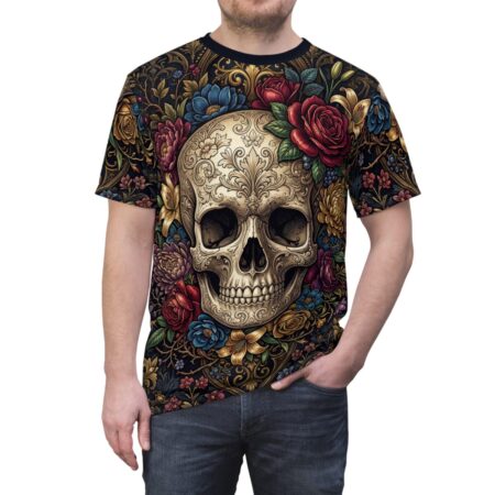 Skull & Floral Sugar Skull Graphic Tee - Day of the Dead All Over Print T-Shirt