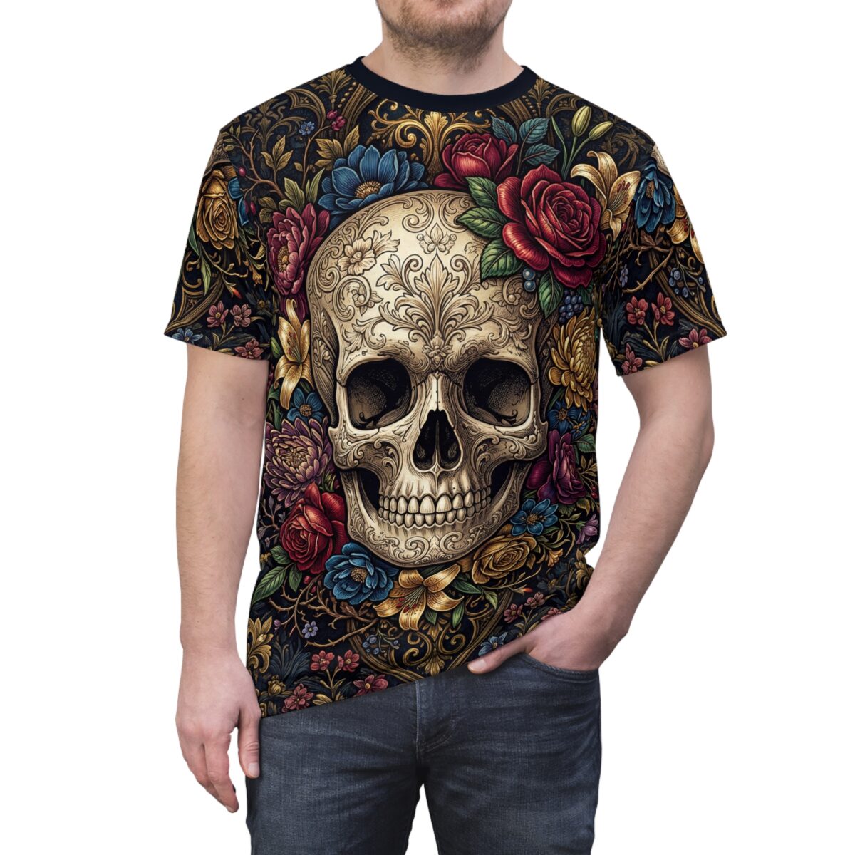 Skull & Floral Sugar Skull Graphic Tee - Day of the Dead All Over Print T-Shirt