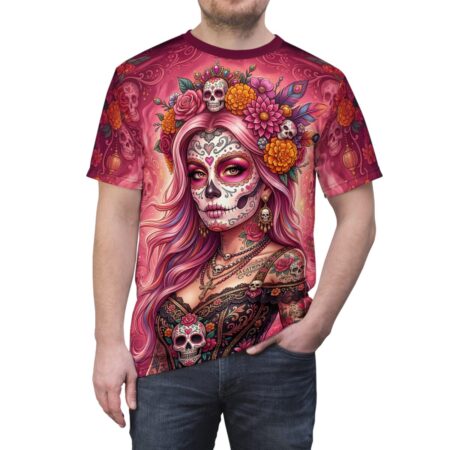 Day of the Dead Sugar Skull Graphic Tee - Floral La Catrina All Over Print T-Shirt