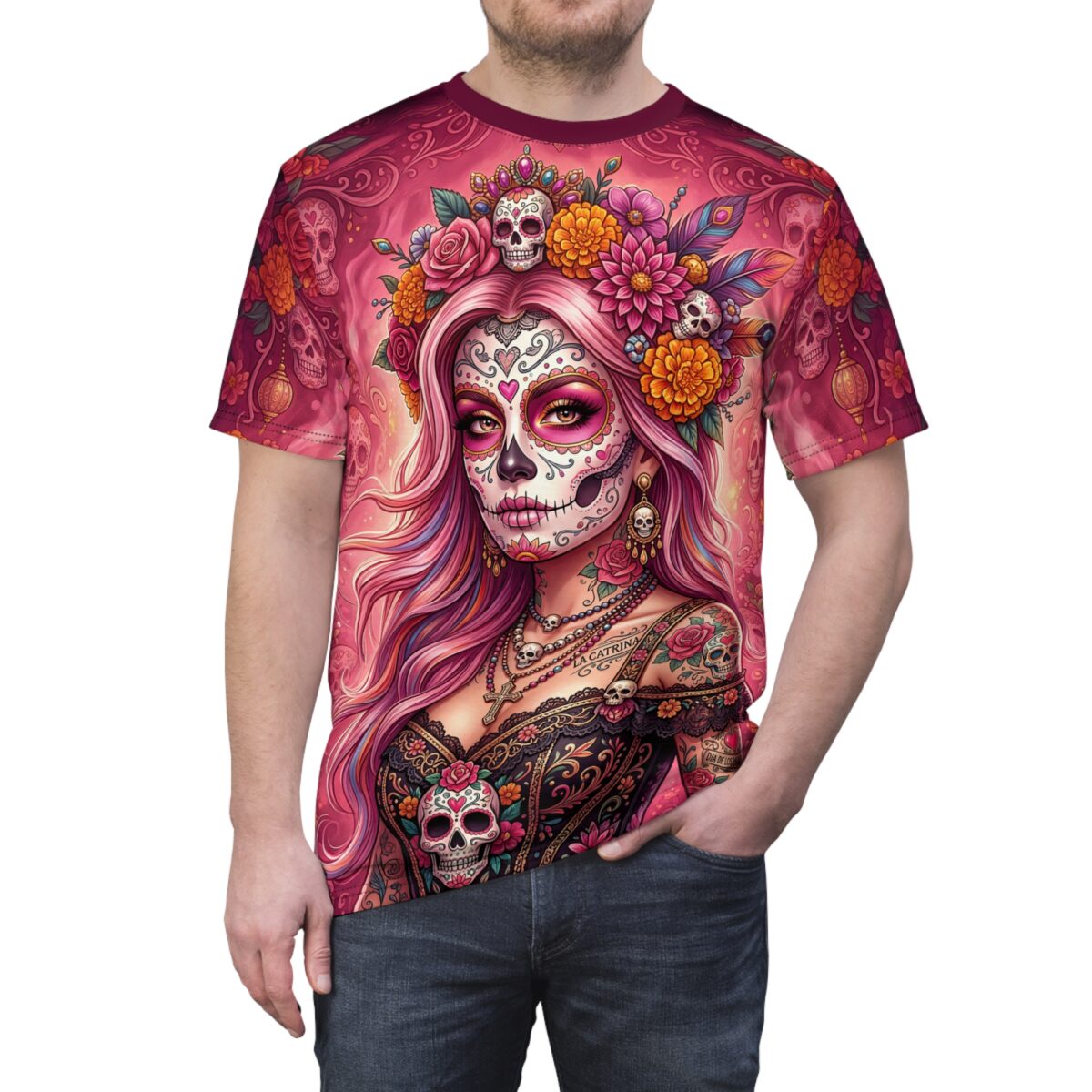 Day of the Dead Sugar Skull Graphic Tee - Floral La Catrina All Over Print T-Shirt