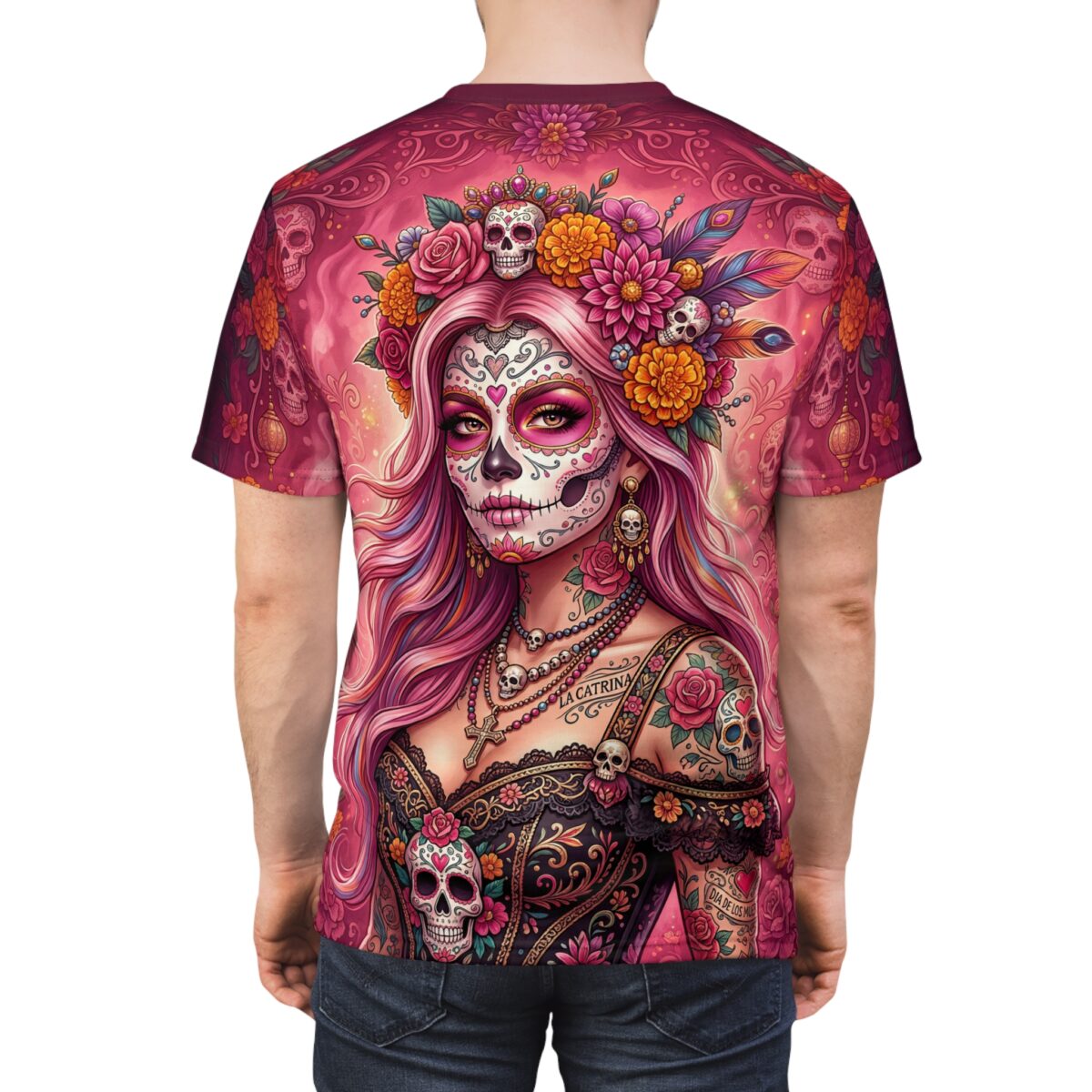 Day of the Dead Sugar Skull Graphic Tee - Floral La Catrina All Over Print T-Shirt - Image 2