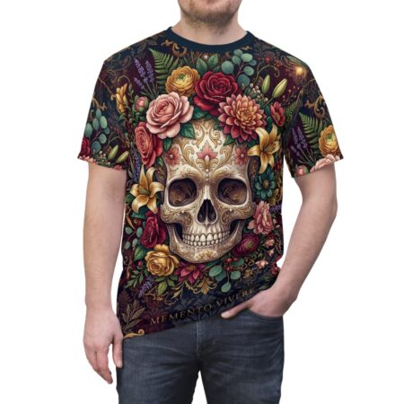 Floral Sugar Skull Tee — "Memento Vivere" All-Over Print Graphic T-Shirt