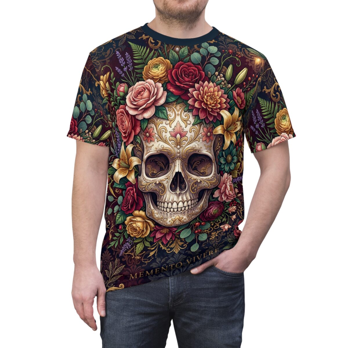 Floral Sugar Skull Tee — "Memento Vivere" All-Over Print Graphic T-Shirt