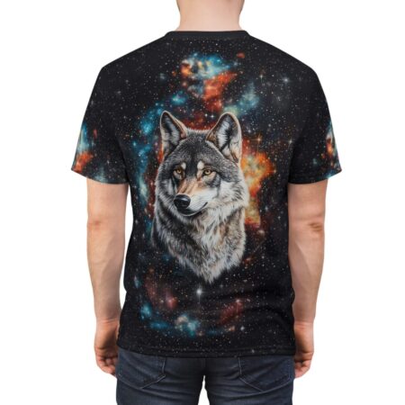 A black t-shirt features a detailed graphic of a wolf's head centered against a backdrop of stars and colorful nebulae.