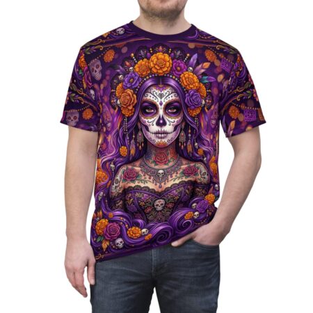 Day of the Dead Sugar Skull Graphic Tee — Purple Floral La Catrina All Over Print T-Shirt