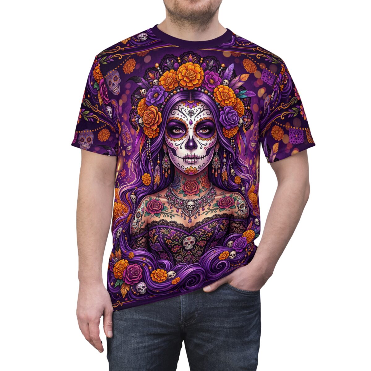 Day of the Dead Sugar Skull Graphic Tee — Purple Floral La Catrina All Over Print T-Shirt