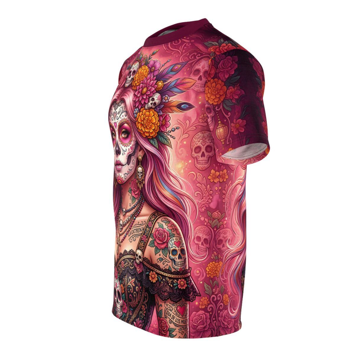 Day of the Dead Sugar Skull Graphic Tee - Floral La Catrina All Over Print T-Shirt - Image 4