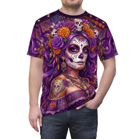 Day of the Dead Sugar Skull Graphic Tee — Vibrant Purple Catrina All Over Print T-Shirt