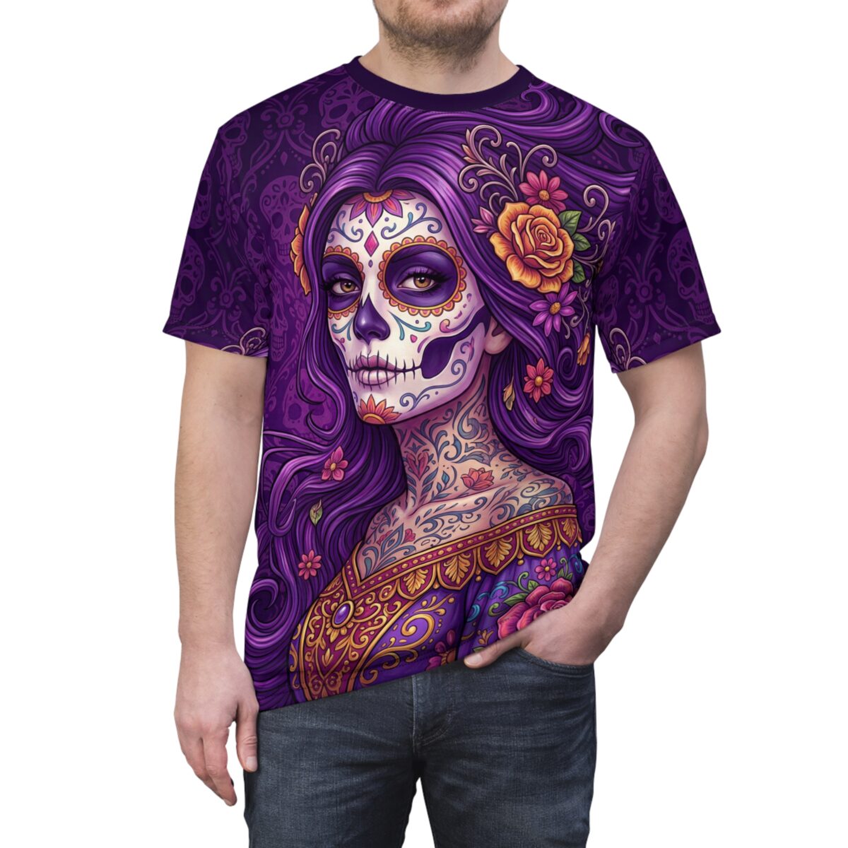 Day of the Dead Sugar Skull Graphic Tee - Purple Floral Catrina All Over Print T-Shirt