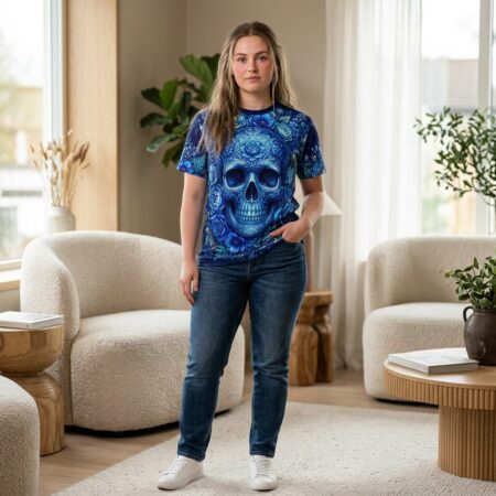 Alternative view of Graphic Blue Floral Skull Tee — Day of the Dead Sugar Skull All Over Print Shirt