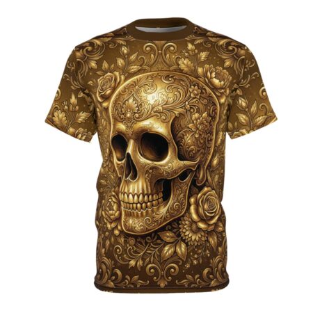 All Over Print Gold Floral Skull Tee — Ornate Day of the Dead Graphic Shirt