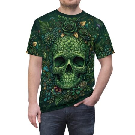 Green Floral Sugar Skull Tee — All-Over Print Gothic Skull Graphic Shirt