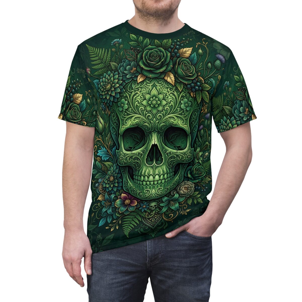 Green Floral Sugar Skull Tee — All-Over Print Gothic Skull Graphic Shirt