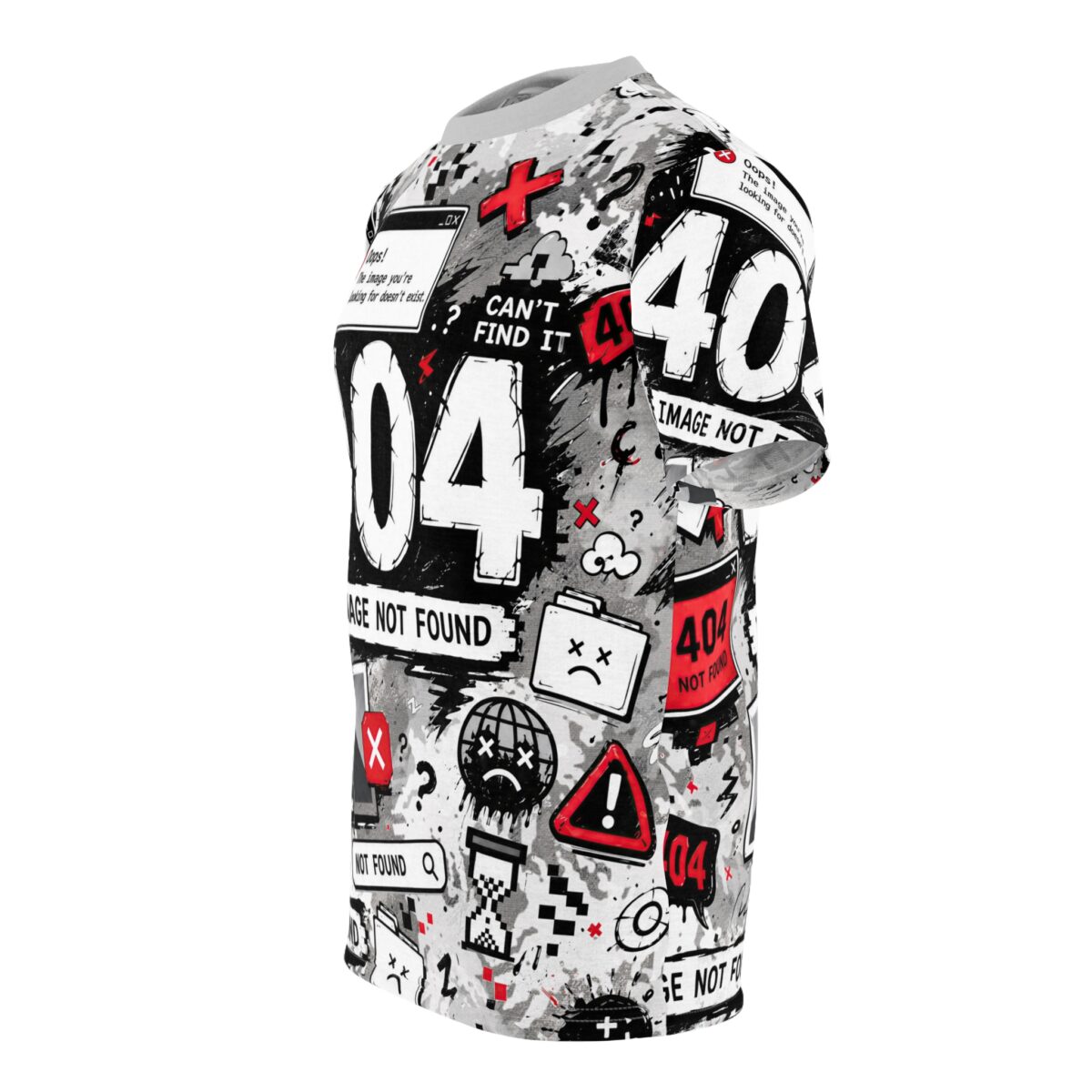 404 error icons, digital glitches, and warning symbols wrap around this shirt with a 360-degree graphic that covers every inch of the fabric surface.