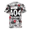 Digital error messages and 404 text cover every inch of this garment through a vivid 360-degree graphic that wraps around the entire fabric surface.