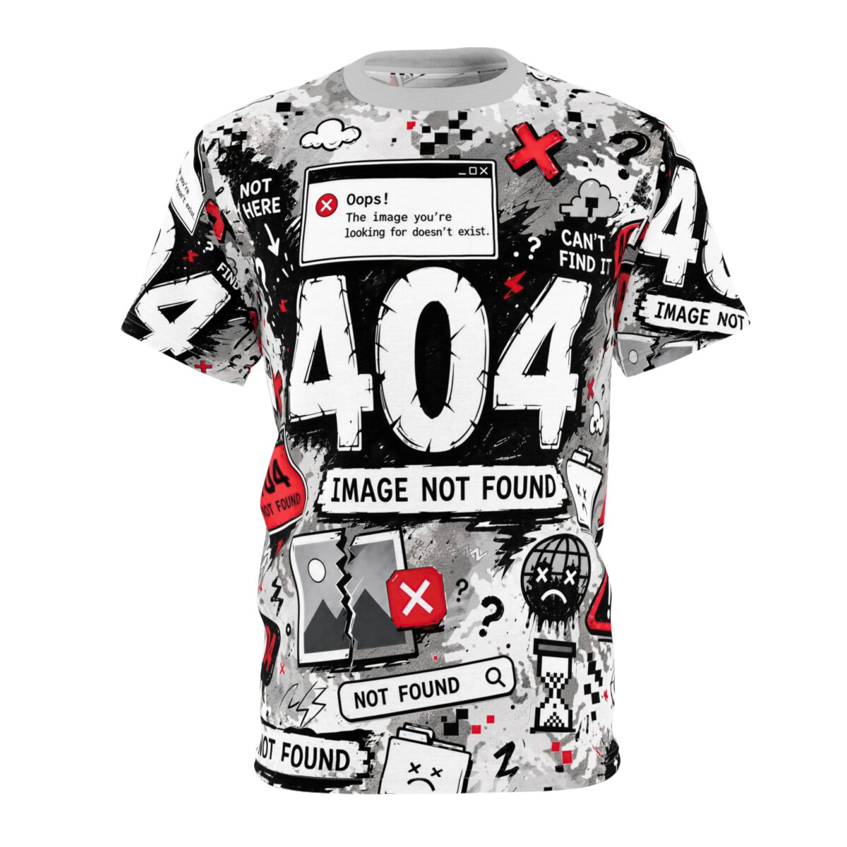 Digital error messages and 404 text cover every inch of this garment through a vivid 360-degree graphic that wraps around the entire fabric surface.