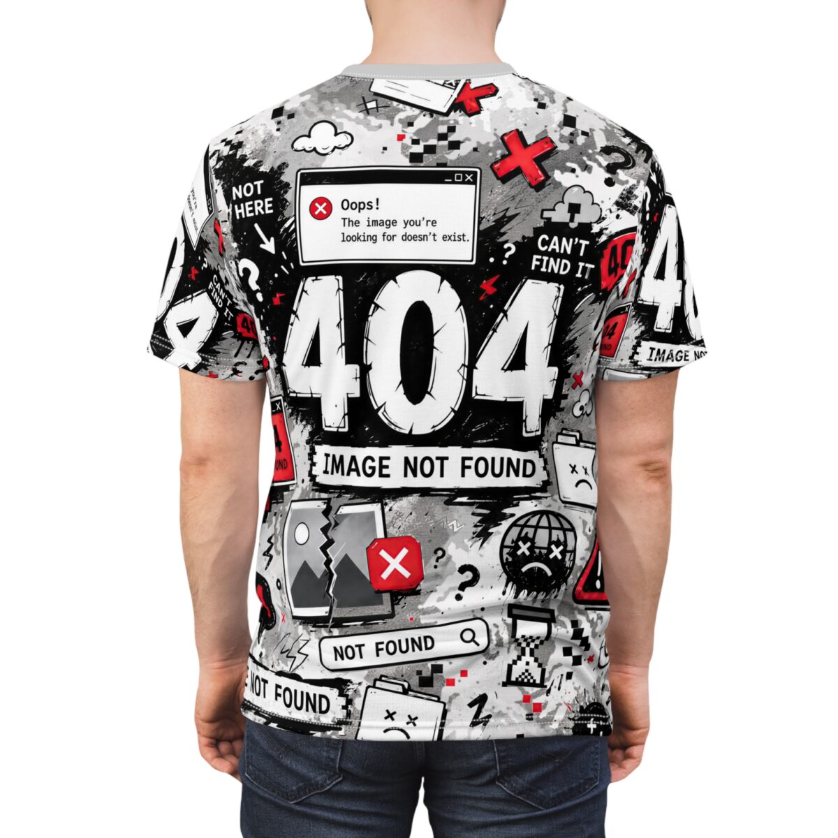 Error messages and broken icon motifs blanket this garment in a 360-degree graphic that covers every inch of the fabric from shoulder to hem.