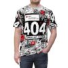 Digital error messages, broken icons, and 404 text cover every inch of this t-shirt in a bold 360-degree graphic that wraps seamlessly around the entire garment.