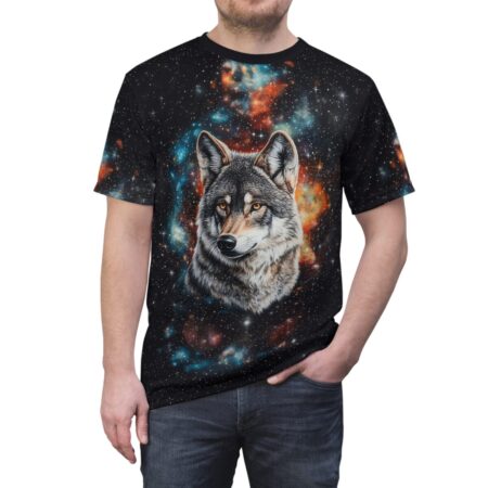 A man wears a black t-shirt featuring a realistic wolf head superimposed on a vibrant galaxy background with stars and nebulae.