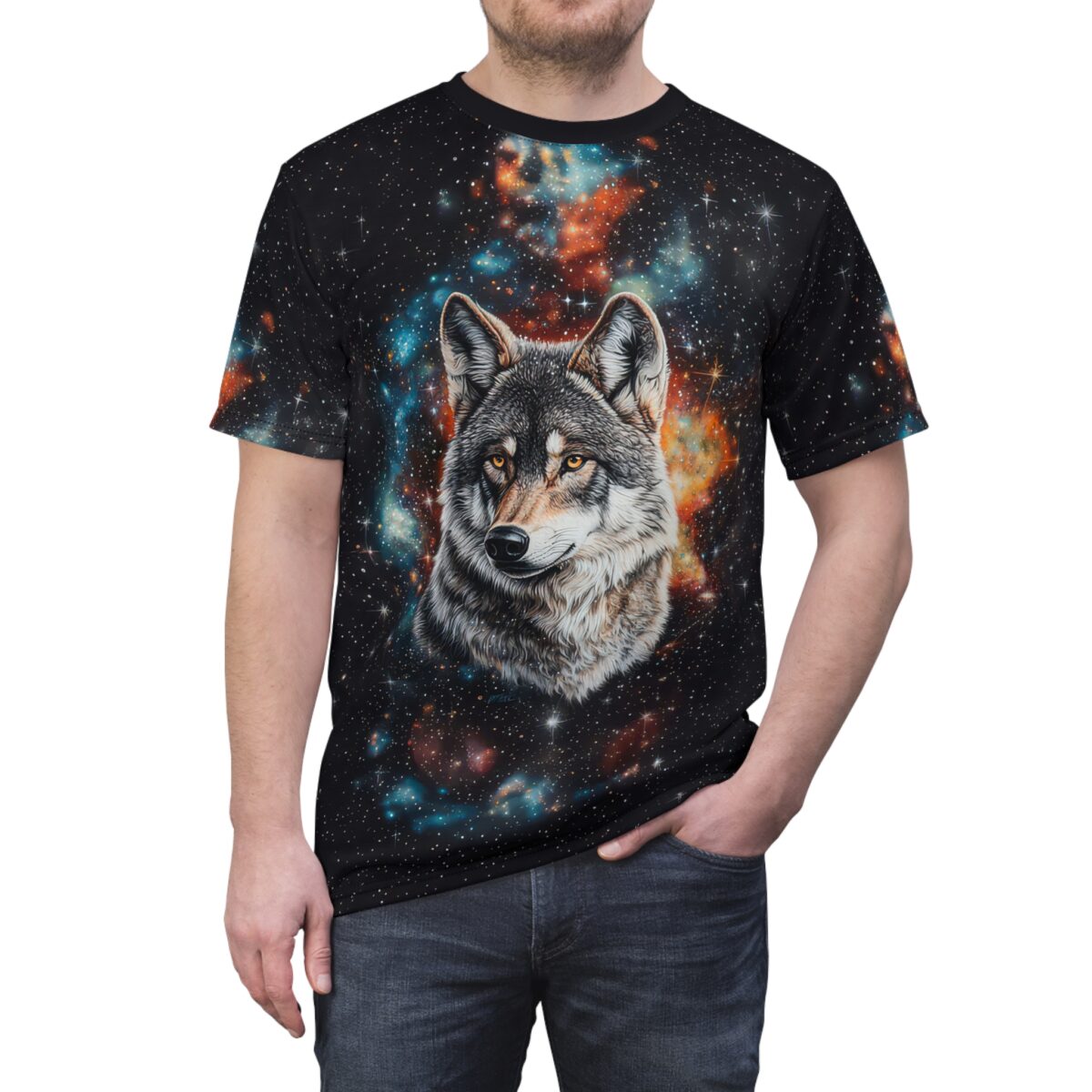 A man wears a black t-shirt featuring a realistic wolf head superimposed on a vibrant galaxy background with stars and nebulae.