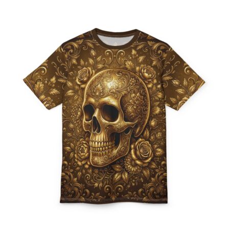 Alternative view of All Over Print Gold Floral Skull Tee — Ornate Day of the Dead Graphic Shirt