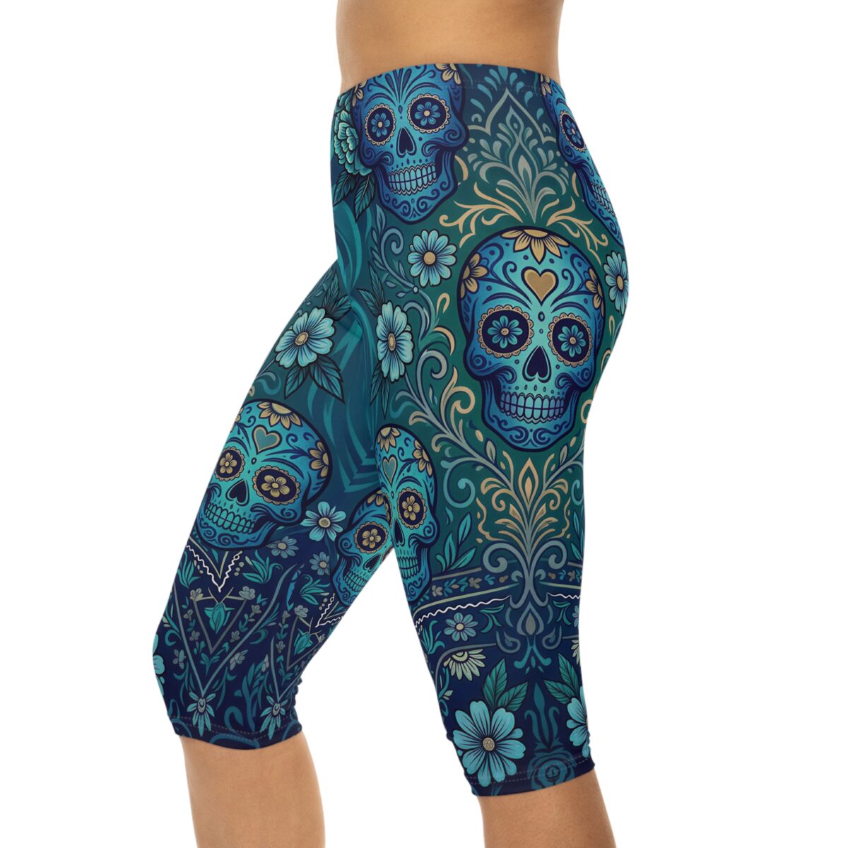 Blue Sugar Skull Capri Leggings — Day of the Dead Floral Yoga Capri