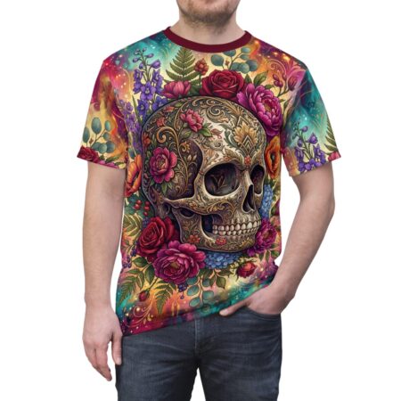 All-Over Print Sugar Skull Tee — Floral Day of the Dead Graphic Shirt