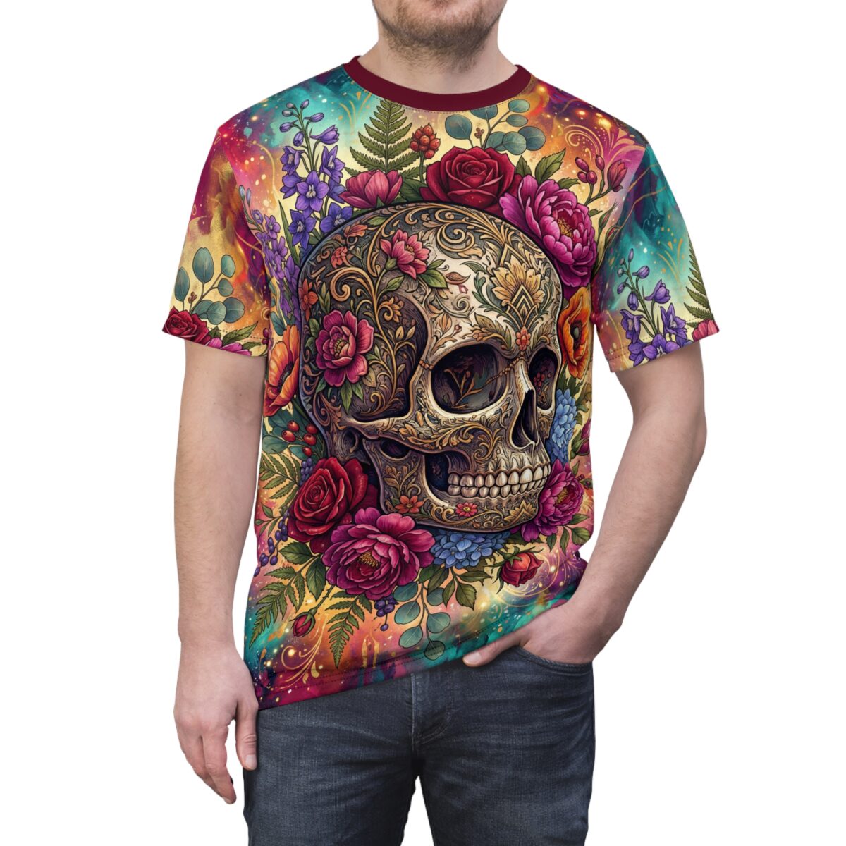 All-Over Print Sugar Skull Tee — Floral Day of the Dead Graphic Shirt