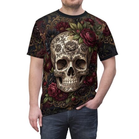 Skull & Roses All Over Print T-Shirt — Gothic Floral Sugar Skull Shirt