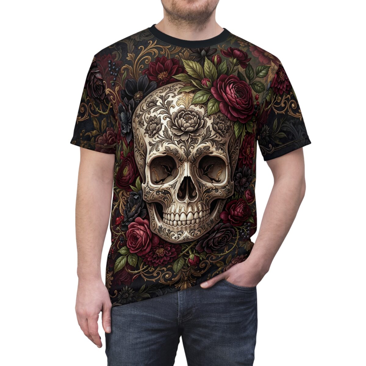 Skull & Roses All Over Print T-Shirt — Gothic Floral Sugar Skull Shirt