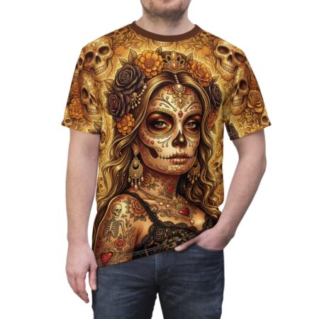 Day of the Dead Sugar Skull Graphic T-Shirt — Gothic Floral Skull All Over Print Tee