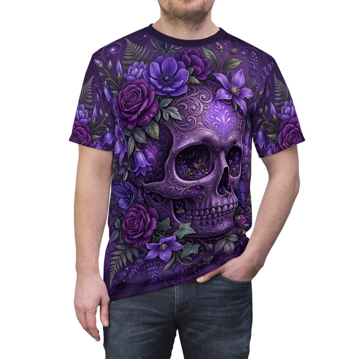 Purple Floral Skull Graphic Tee - Gothic Day of the Dead All Over Print T-Shirt
