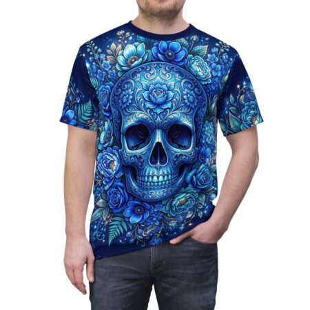 Graphic Blue Floral Skull Tee — Day of the Dead Sugar Skull All Over Print Shirt