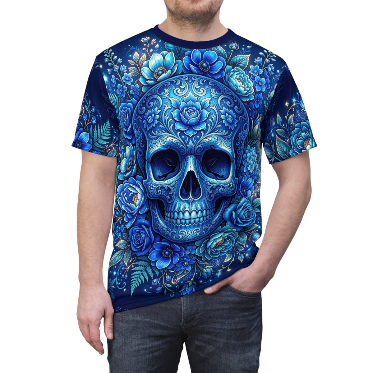 Graphic Blue Floral Skull Tee — Day of the Dead Sugar Skull All Over Print Shirt