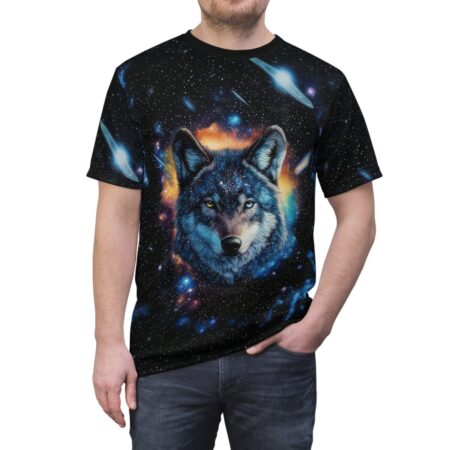 Black fabric displays a vibrant nebula with stars, galaxies, and comets surrounding a detailed wolf's head, featuring heterochromatic eyes and a starry texture on its fur.